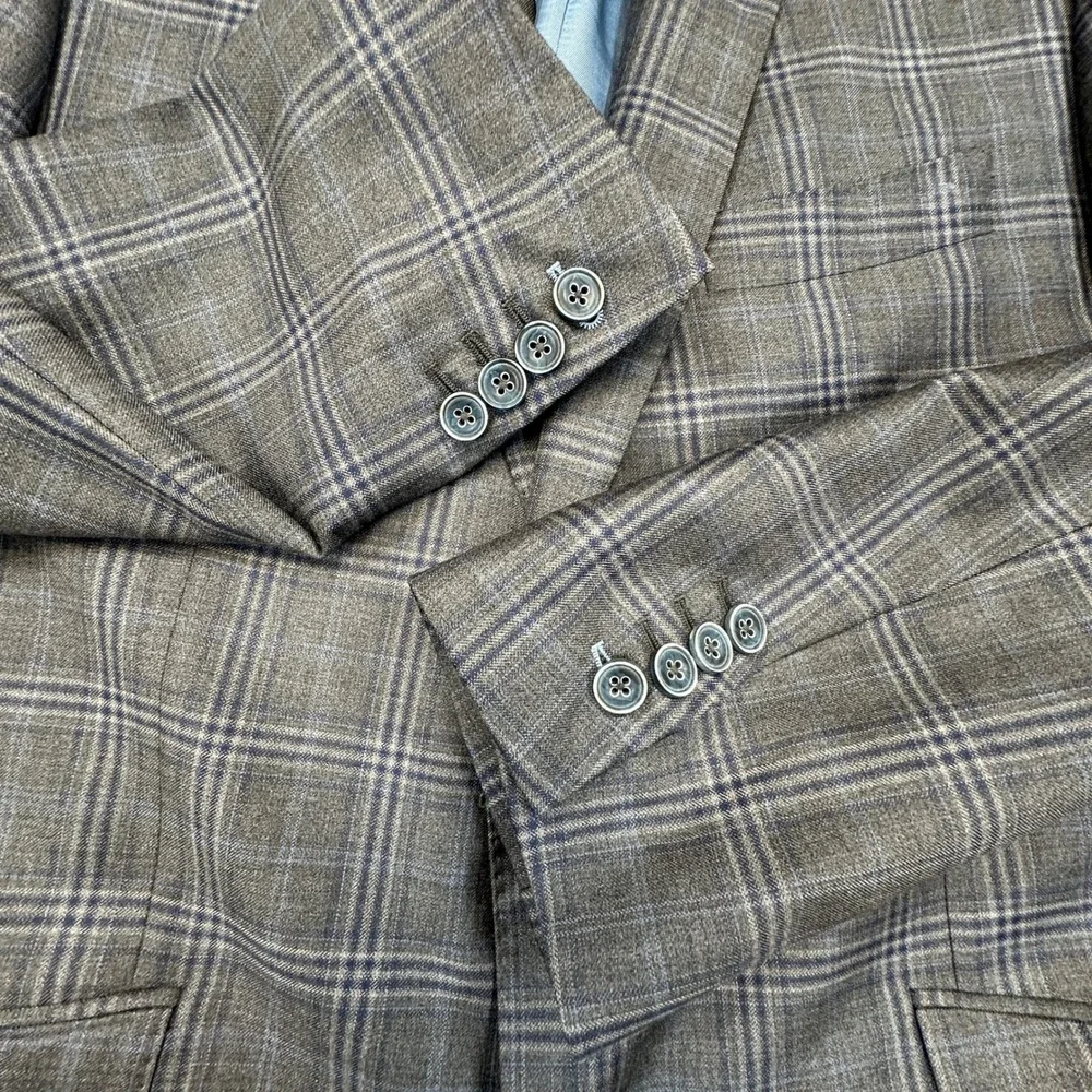 J.Hilburn Sport Coat Mens 43R Grey Blue Glen Plaid 100% Wool European Fit Blazer